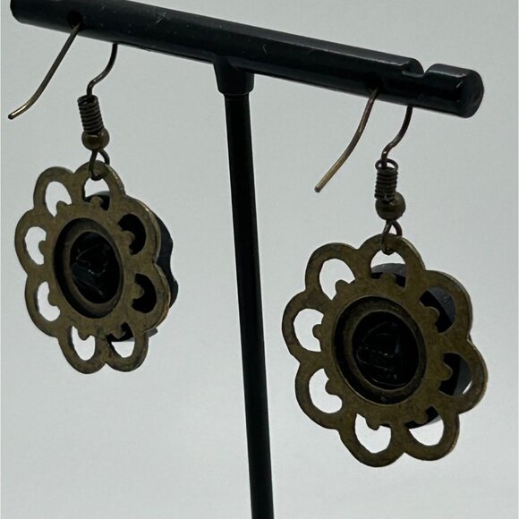 Vintage Button-Inspired Silver-Tone Dangle Earrings With Flower Design Retro - Picture 3 of 11